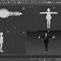 3D Model Woman In Black Coat Skirt And Bow Tie With Outstretched Arms