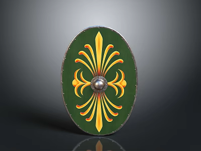 Oval Decorative Shield With Green Background Yellow Floral Pattern And Metal Center Ornament 3d model