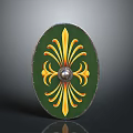 Oval Decorative Shield With Green Background Yellow Floral Pattern And Metal Center Ornament