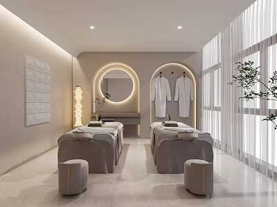 Beauty Salon Spa Room With Two Beds Hanging Robes Round Mirror Soft Lighting Green Plant 3d model