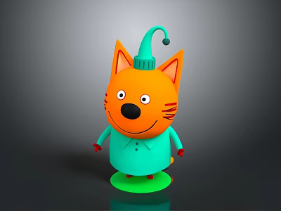 Orange Cat Cartoon Character Standing On Green Base With Pointed Hat And Smiling Expression 3d model