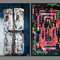 Two Piece Abstract Wall Art With Textured Dark Background And Vibrant Geometric Floral Patterns