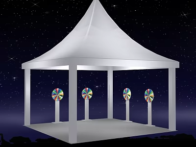 White Pointed Top Tent With Columns And Colorful Pinwheels Under Starry Sky 3d model