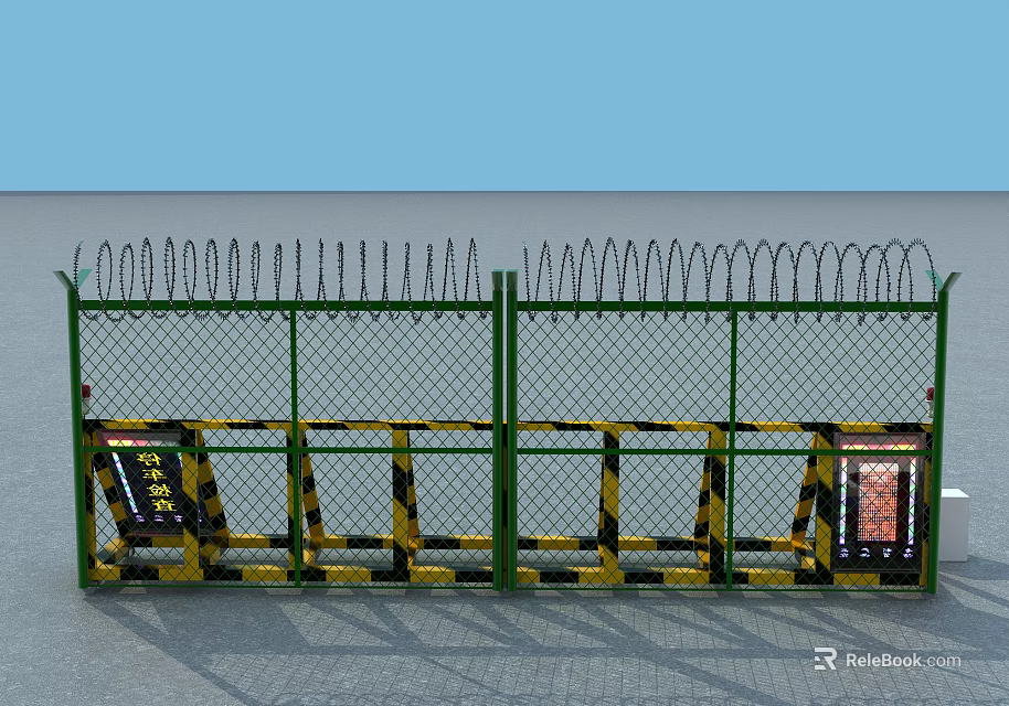 Security Fence With Green Frame Barbed Wire Top Yellow Black Warning Stripes And Signs 3d model 