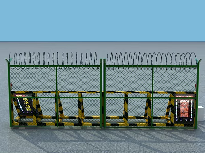 Security Fence With Green Frame Barbed Wire Top Yellow Black Warning Stripes And Signs 3d model