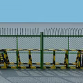 Security Fence With Green Frame Barbed Wire Top Yellow Black Warning Stripes And Signs