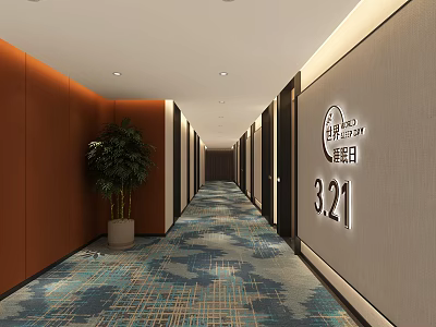 Hotel Corridor Interior with Orange Walls Potted Plant Patterned Carpet and Room Number 321 3d model