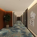 Hotel Corridor Interior with Orange Walls Potted Plant Patterned Carpet and Room Number 321