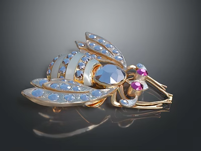 Bee Shaped Decorative Brooch With Blue Pink Gemstones And Golden Metal 3d model