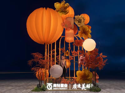 Decorative Outdoor Installation With Bamboo Frame Orange Lanterns Flowers And Maple Leaves At Night 3d model