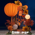 Decorative Outdoor Installation With Bamboo Frame Orange Lanterns Flowers And Maple Leaves At Night