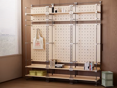 Entryway Console Cabinet With Pegboard Metal Frame And Wooden Storage Shelves 3d model