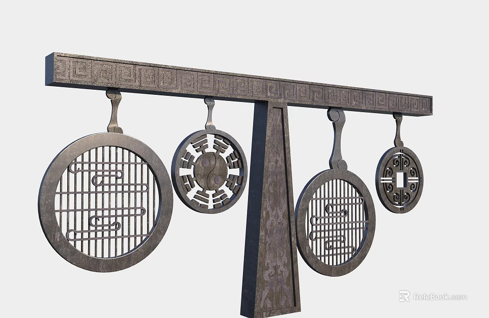 Ornate Commercial Hanging Equipment With Horizontal Beam And Intricate Circular Cutouts 3d model 