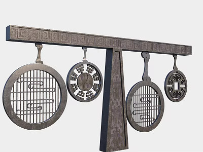 Ornate Commercial Hanging Equipment With Horizontal Beam And Intricate Circular Cutouts 3d model
