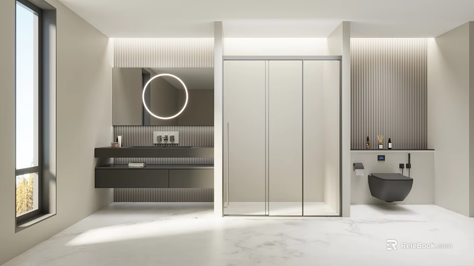 Modern Shower Interior Design With Glass Enclosure Round Mirror Vanity And Marble Floor 3d model 
