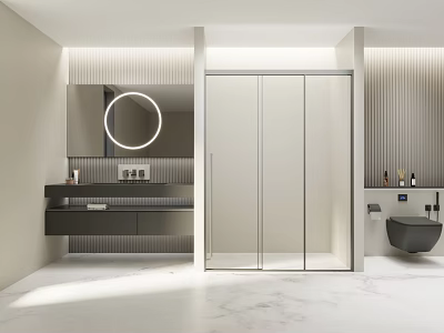 Modern Shower Interior Design With Glass Enclosure Round Mirror Vanity And Marble Floor 3d model