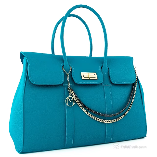 Turquoise Leather Handbag With Top Handles Gold Lock And Chain Strap Detail 3d model 