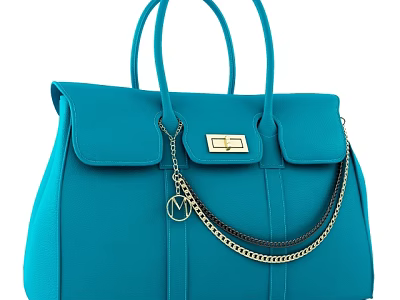 Turquoise Leather Handbag With Top Handles Gold Lock And Chain Strap Detail 3d model