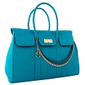 Turquoise Leather Handbag With Top Handles Gold Lock And Chain Strap Detail