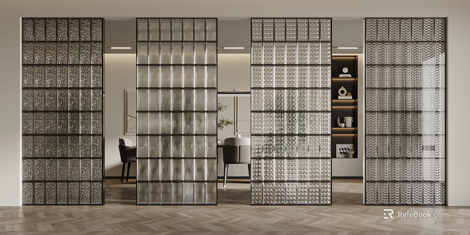 Modern Glass Block Partition Design In Interior With Dining Chairs And Bookshelf 3d model 