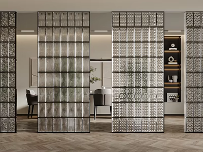 Modern Glass Block Partition Design In Interior With Dining Chairs And Bookshelf 3d model