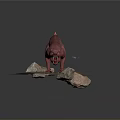 Pink Dinosaur Like Creature With Sharp Teeth Ferocious Posture Standing On Rock In Gray Background