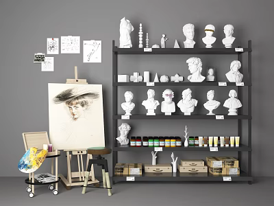 Creative Art Supplies Display With Easel Sketch Sculpture Heads And Paint Bottles 3d model