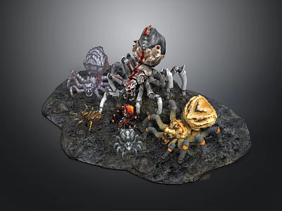 Various Colored Spiders With Mechanical Biological Features On Dark Base 3d model
