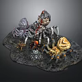 Various Colored Spiders With Mechanical Biological Features On Dark Base