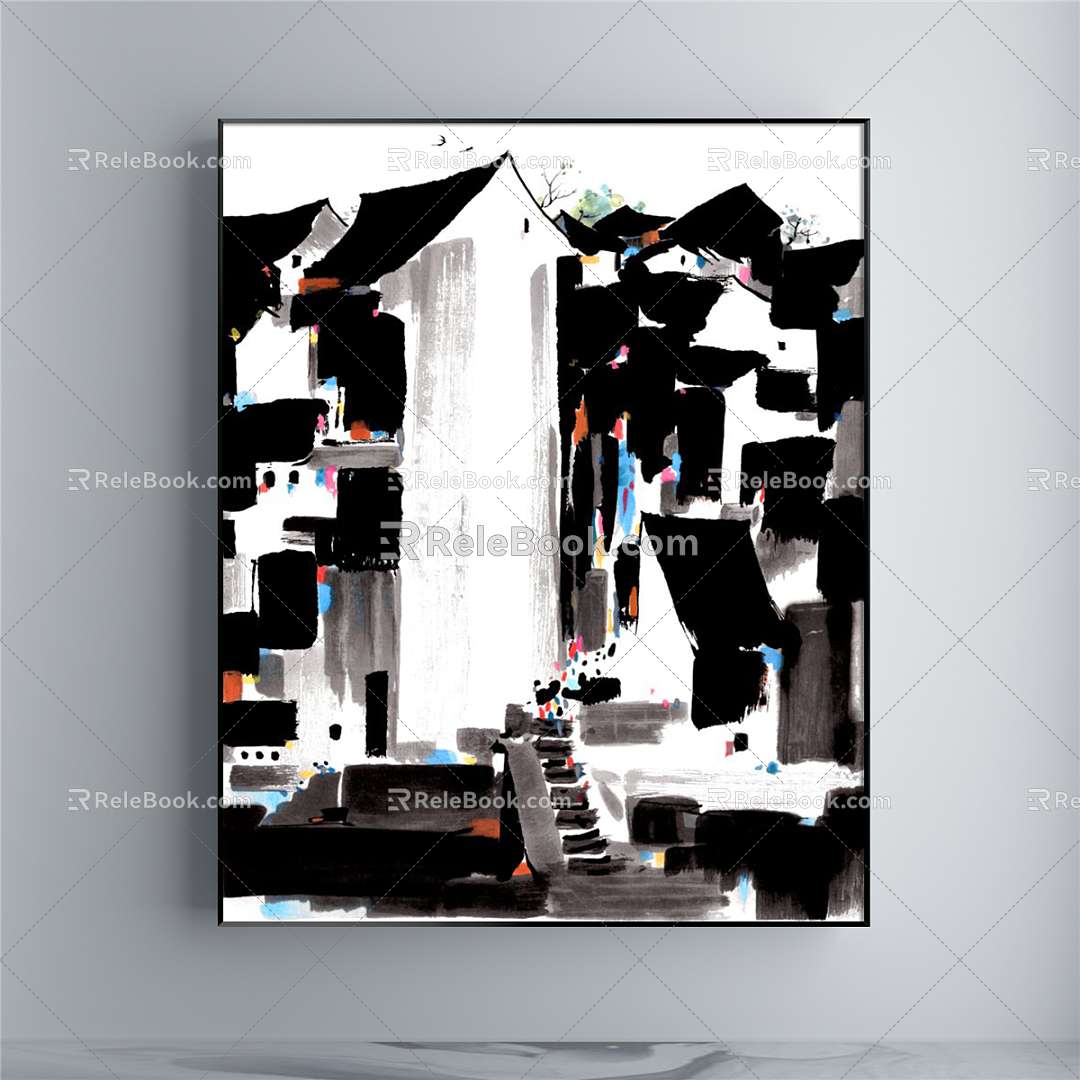 New Chinese style architectural painting black and white porch water Jiangnan decorative painting 3d model