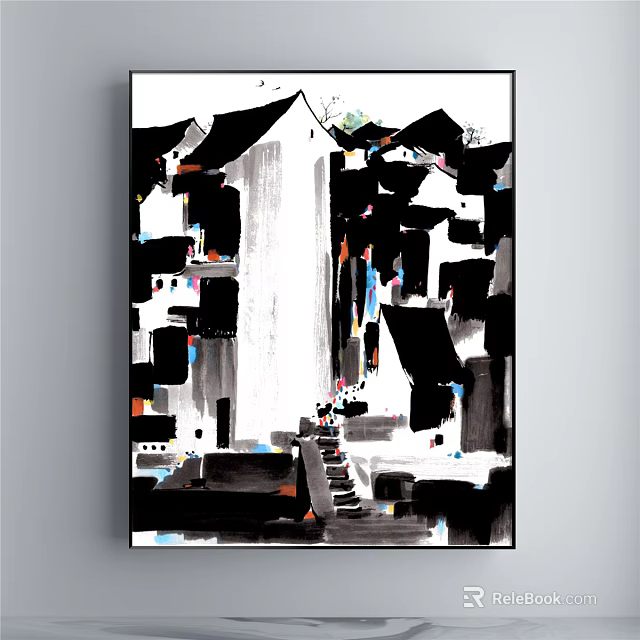 Traditional Chinese Ink Landscape Painting with Black Tile Roof Houses and Stone Path 3d model 