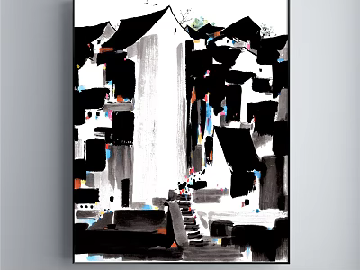Traditional Chinese Ink Landscape Painting with Black Tile Roof Houses and Stone Path 3d model
