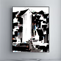 Traditional Chinese Ink Landscape Painting with Black Tile Roof Houses and Stone Path