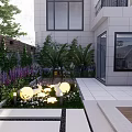 Courtyard Garden With Cozy Fire Pit Flames Lush Plants Flowers And Outdoor Seating
