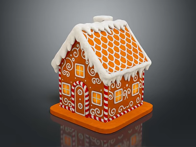 Festive Gingerbread House Design With Orange Roof White Icing Candy Cane And Striped Base 3d model
