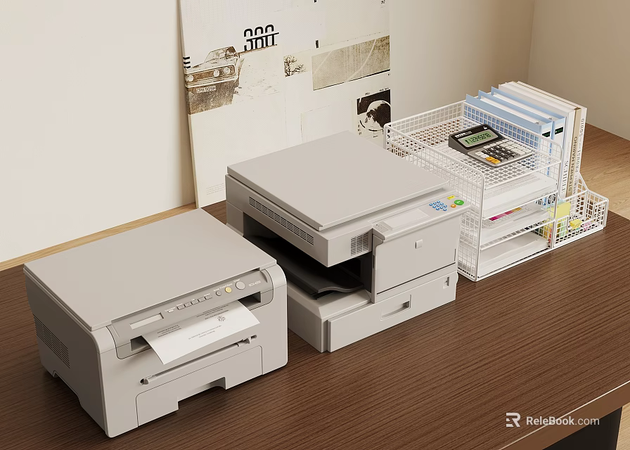 Office Desk Setup With Two Printers Metal Mesh Basket Calculator File Folders And Wall Posters 3d model 