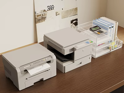 Office Desk Setup With Two Printers Metal Mesh Basket Calculator File Folders And Wall Posters 3d model