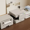 Office Desk Setup With Two Printers Metal Mesh Basket Calculator File Folders And Wall Posters