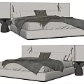Modern Double Bed Interior With Upholstered Headboard Neutral Bedding And Black Side Nightstand 3d model