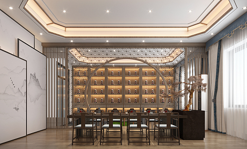 New Chinese Teahouse Qiao Gong a Wine Cabinet Panorama 3d model