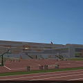 Modern School Building With Playground Track Field Basketball Hoops Red Flag And Trees