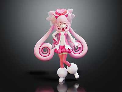 Cute Pink Cartoon Character With Long Curly Hair Flower Headpiece White Boots Dress 3d model