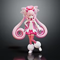 Cute Pink Cartoon Character With Long Curly Hair Flower Headpiece White Boots Dress