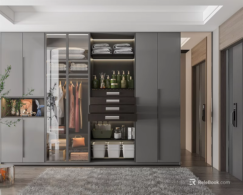 Modern Gray Wardrobe With Glass Door Hanging Clothes Folded Garments Drawers And Storage Boxes 3d model 