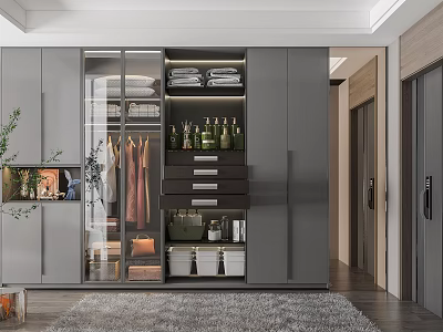 Modern Gray Wardrobe With Glass Door Hanging Clothes Folded Garments Drawers And Storage Boxes 3d model