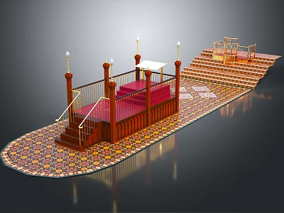 Functional Desk with Red Tabletop Decorative Lamps Railings and Steps Design 3d model