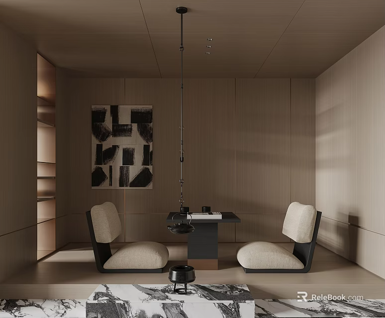 Minimalist Tea Room Interior With Wooden Walls Comfortable Seats Artwork And Hanging Lamp 3d model 