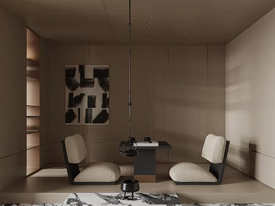 Minimalist Tea Room Interior With Wooden Walls Comfortable Seats Artwork And Hanging Lamp 3d model