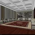 Elegant Hotel Public Lounge With Chinese Landscape Painting White Sofas Wooden Walls Flooring And Carpet