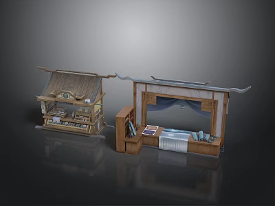 Chinese Traditional Scene Components With Wooden Roof Bookshelf Bed Platform And Display Shelves 3d model